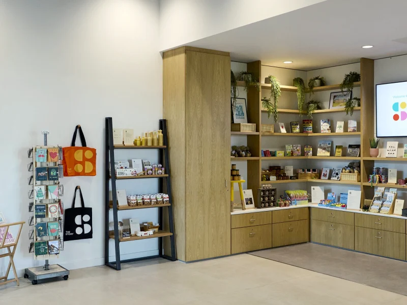 Interior of the freshly renovated and decorated The Story, Durham, highlighting the shop area.