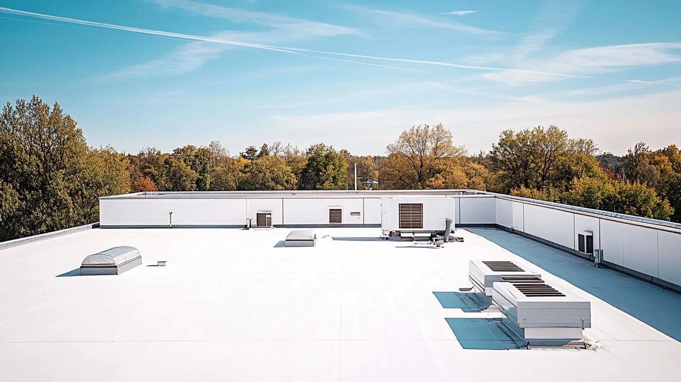 Wide shot of large, freshly painted white flat roof with HVAC units on sunny day.