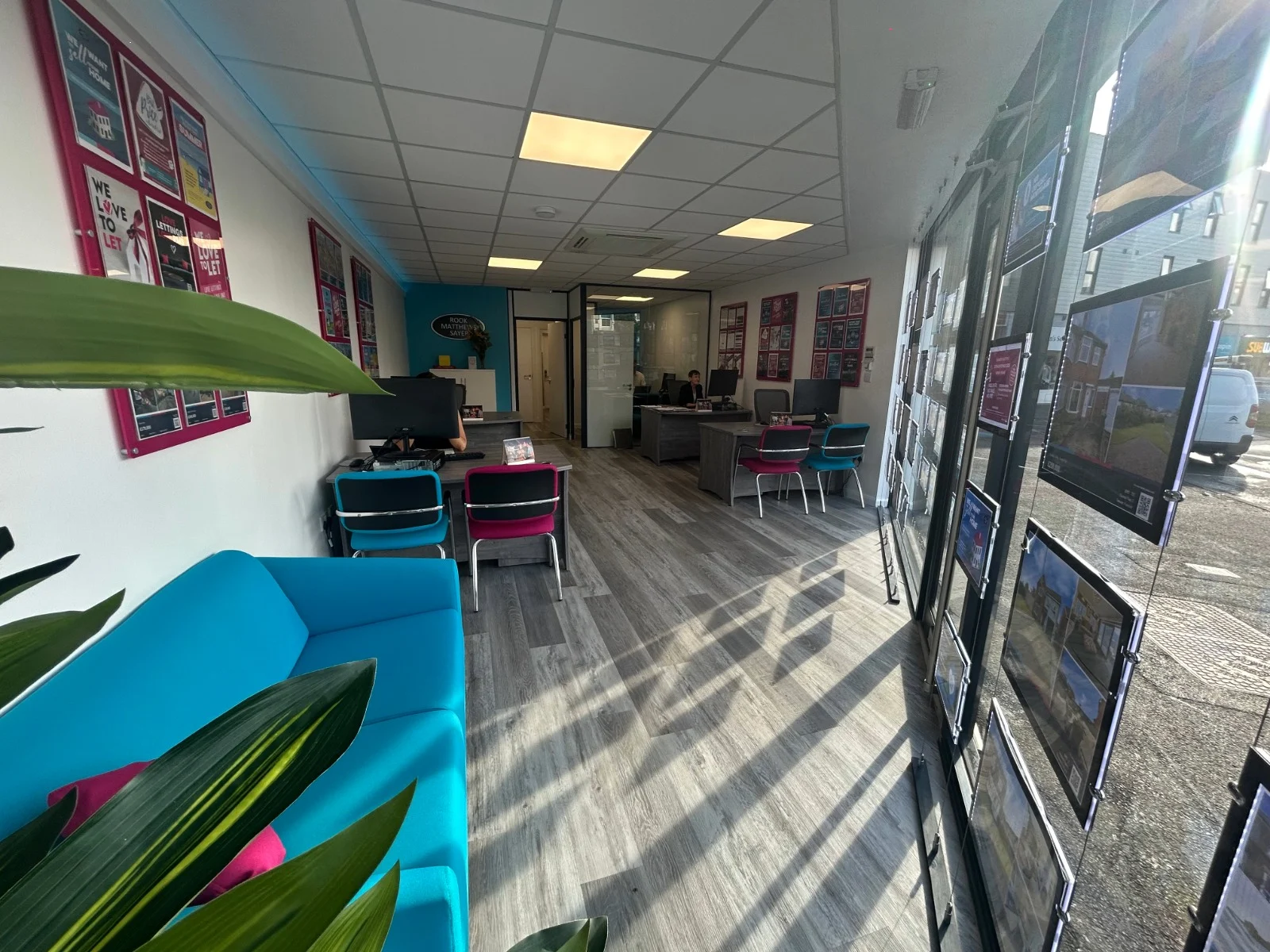 RMS’s Ryton branch with properties visible in the window and a large potted plant in the corner.